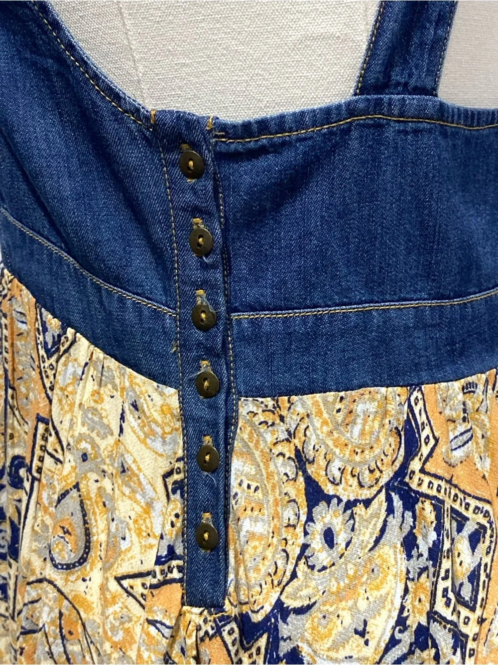 Free People Patchwork Paisley Maxi Dress in Mustard & Navy Denim Bust Size XS